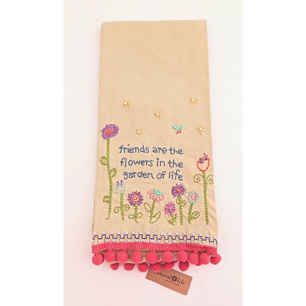 NWT Natural Life Linen Blend Tea Towel Embroidered Friends Theme  Pom Pom Fringe